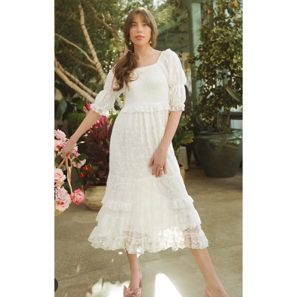 Ivy City Co Francie White Lace Midi Dress Romantic Cottagecore Bridal Boho XL - Picture 1 of 11